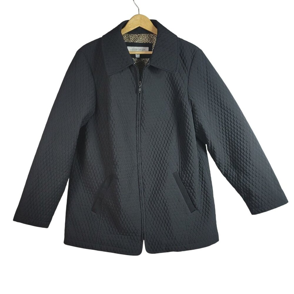 Liz Claiborne Quilted Jacket Black 1X Lightweight Full Zip Collar Zip Pockets